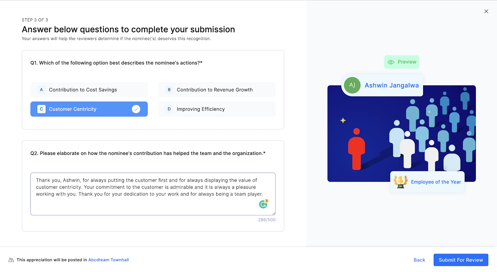 Nominator submitting a nomination with justification text