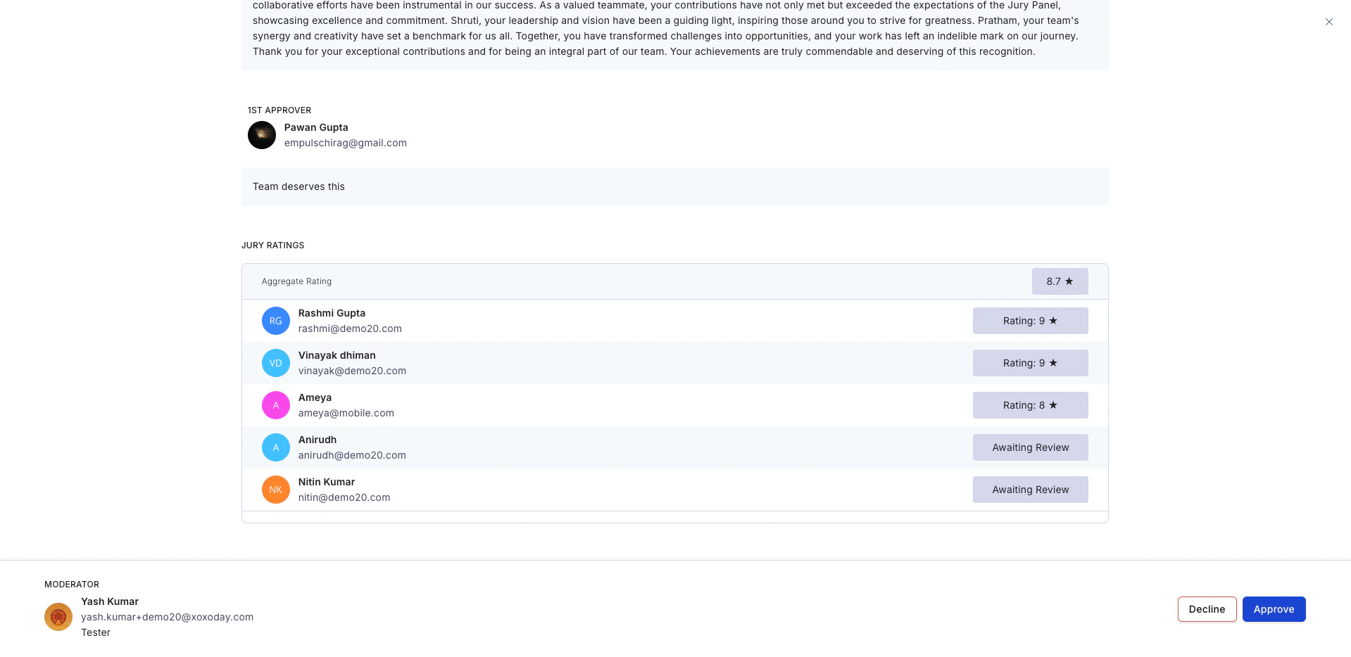 Moderator view showing jury ratings for all nominations with approve and decline actions