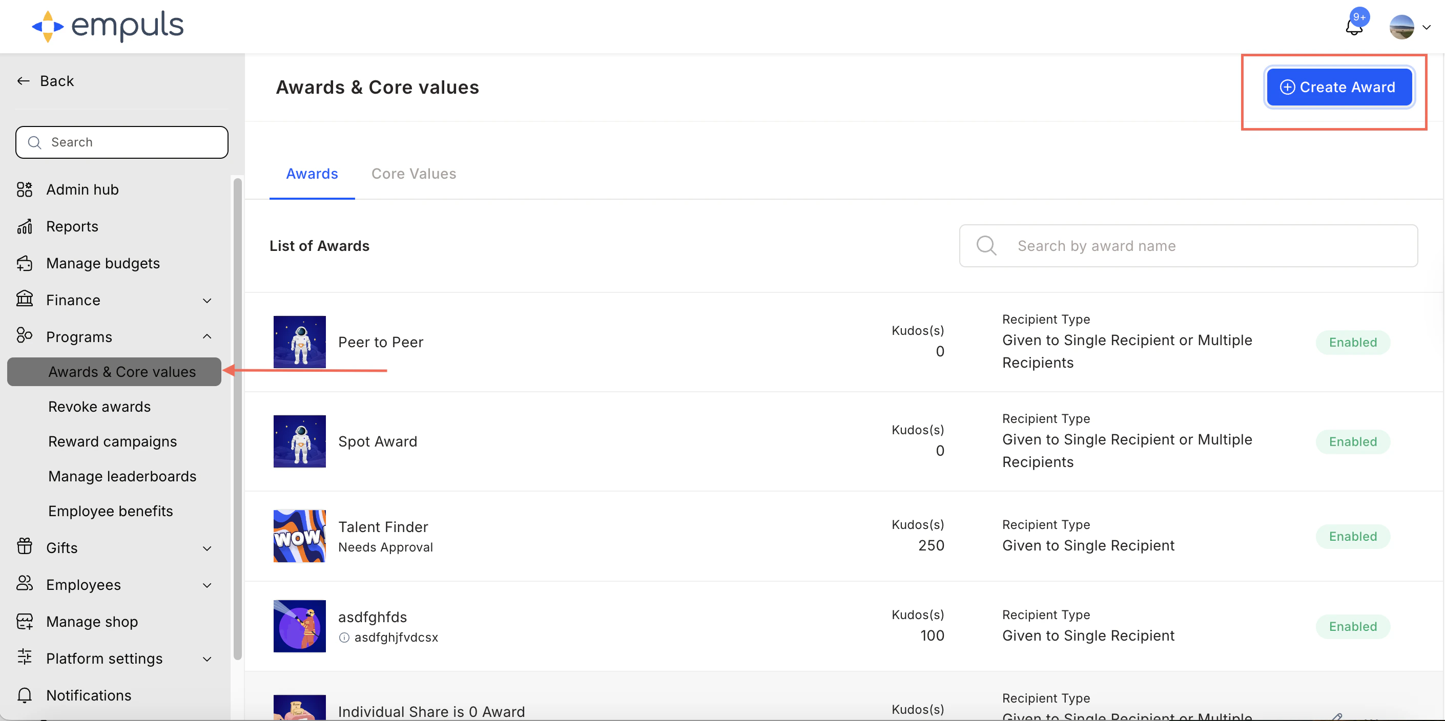 Programs > Awards & Core Values > Create Award navigation in the Admin Dashboard
