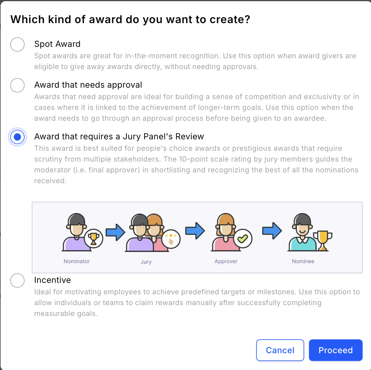 Award type selection screen with Jury Panel review option highlighted