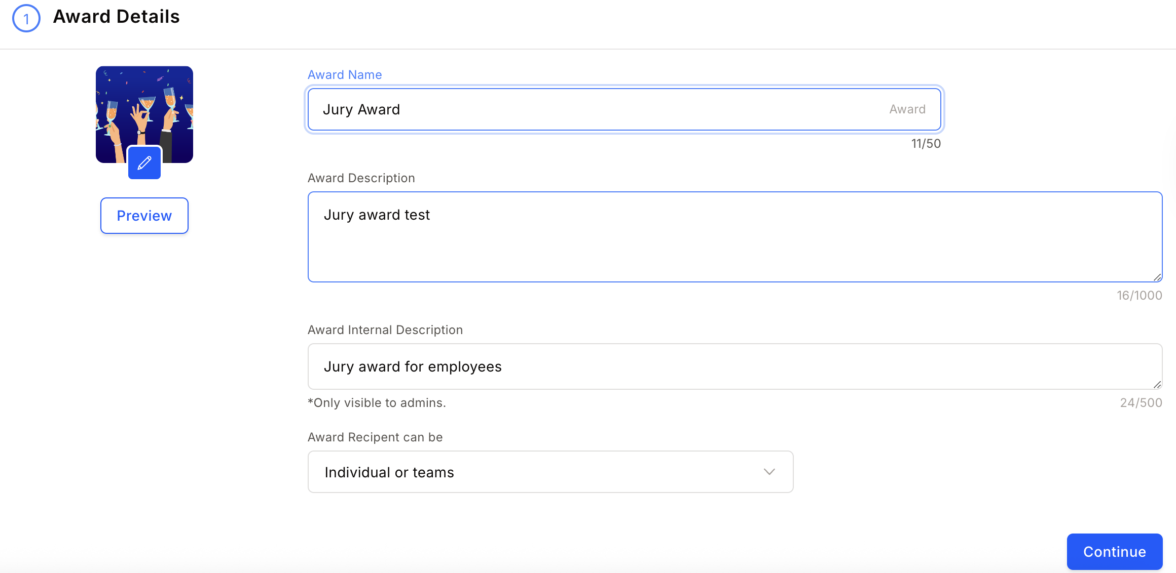 Award details form with fields for name, description, image, and recipient type