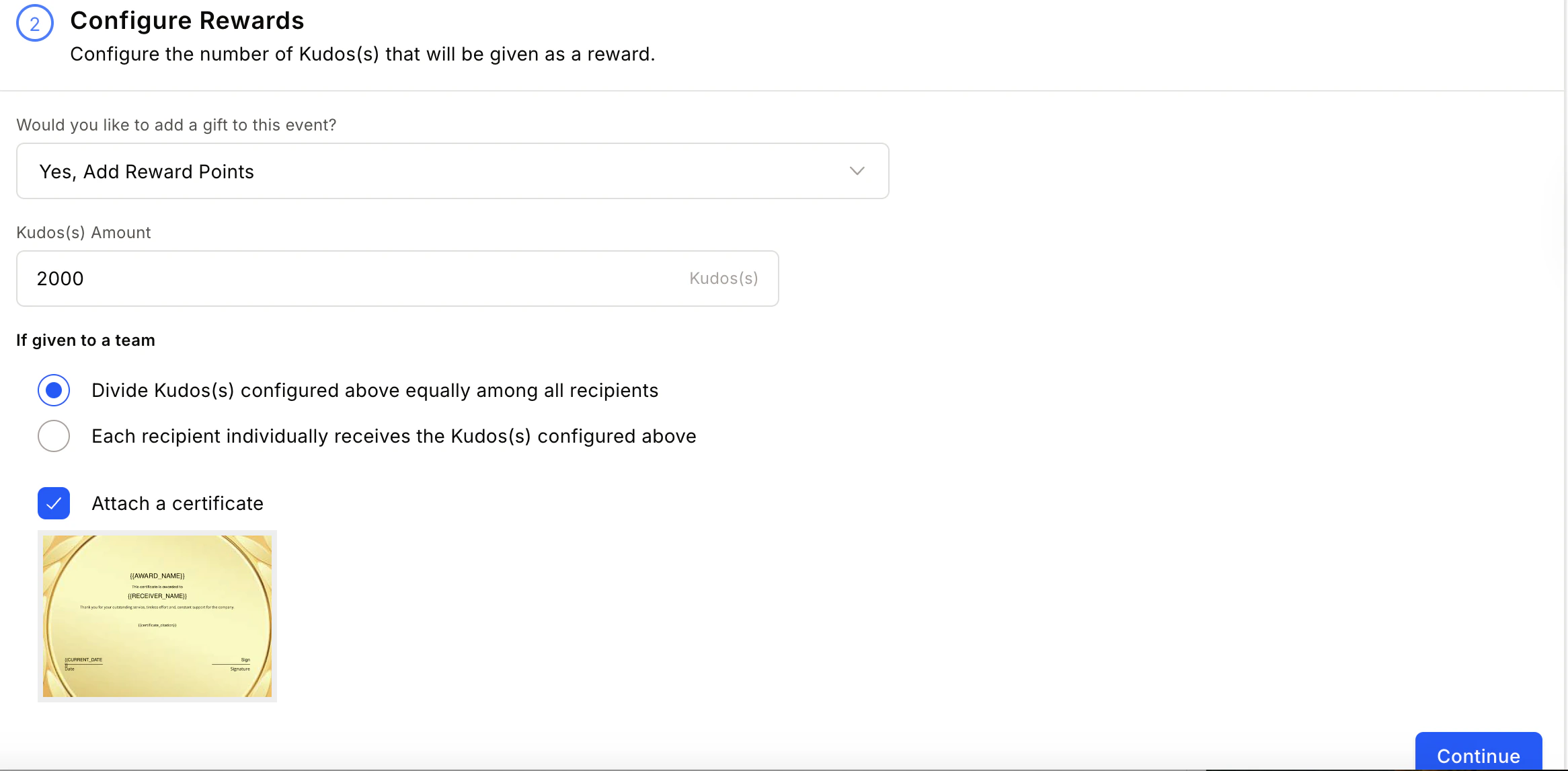 Reward configuration screen for jury-based award with points and merchandise options