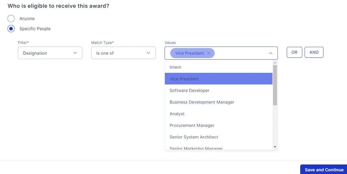 Advanced eligibility filter settings for nominator and nominee constraints