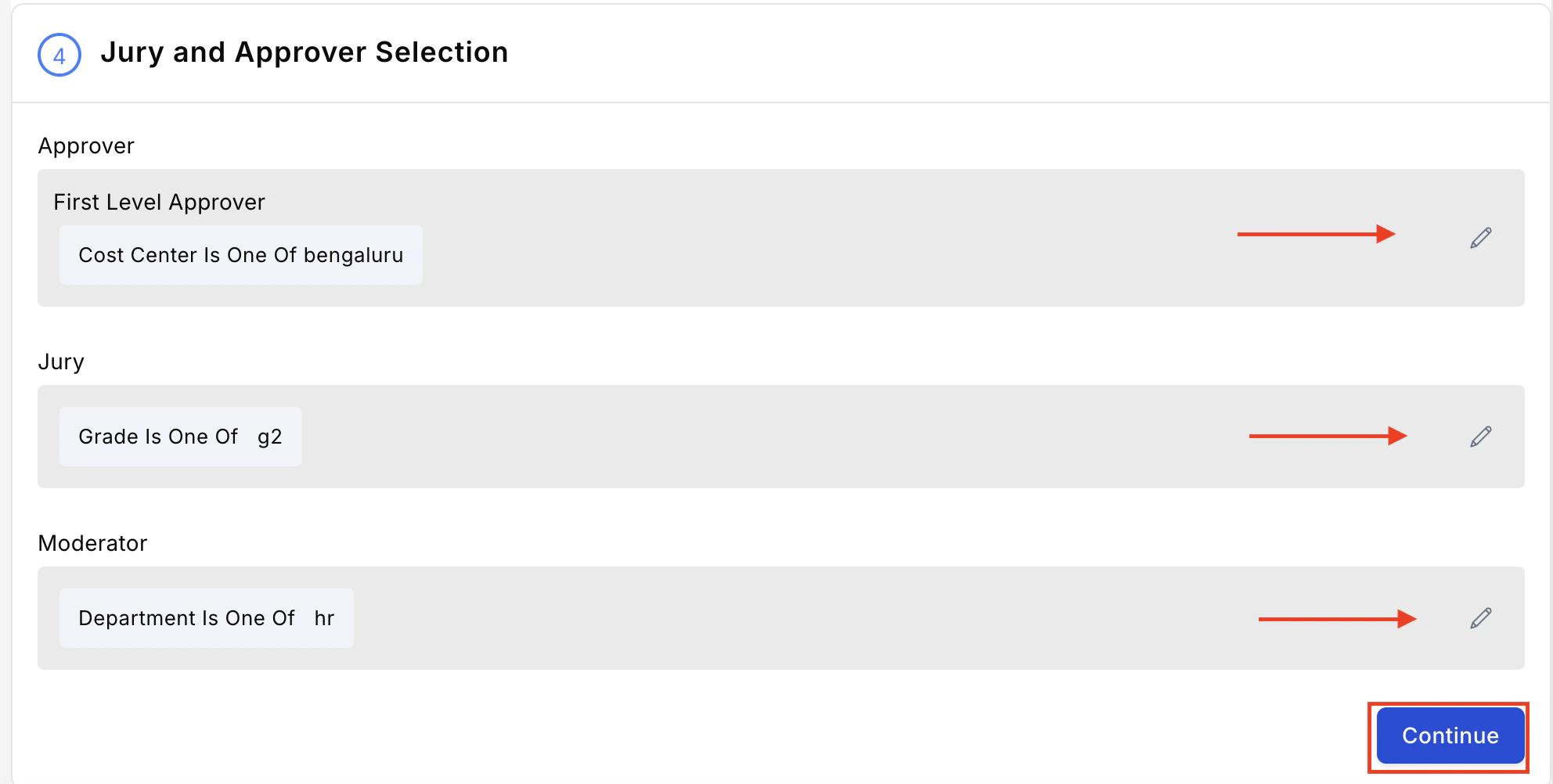 Jury and Approver Selection screen showing First Level Approver, Jury, and Moderator fields