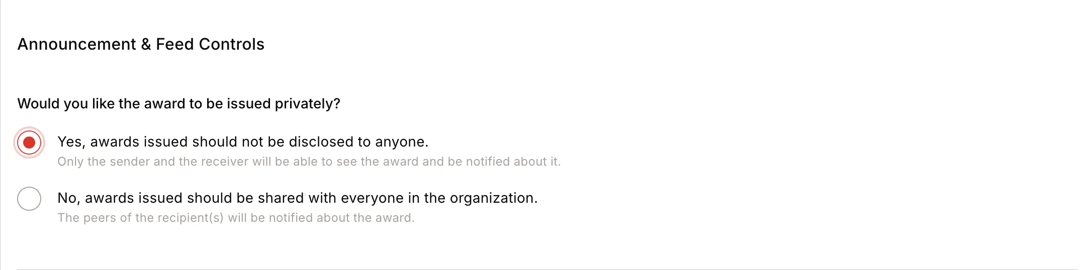 Award Visibility set to private — only sender and receiver are notified