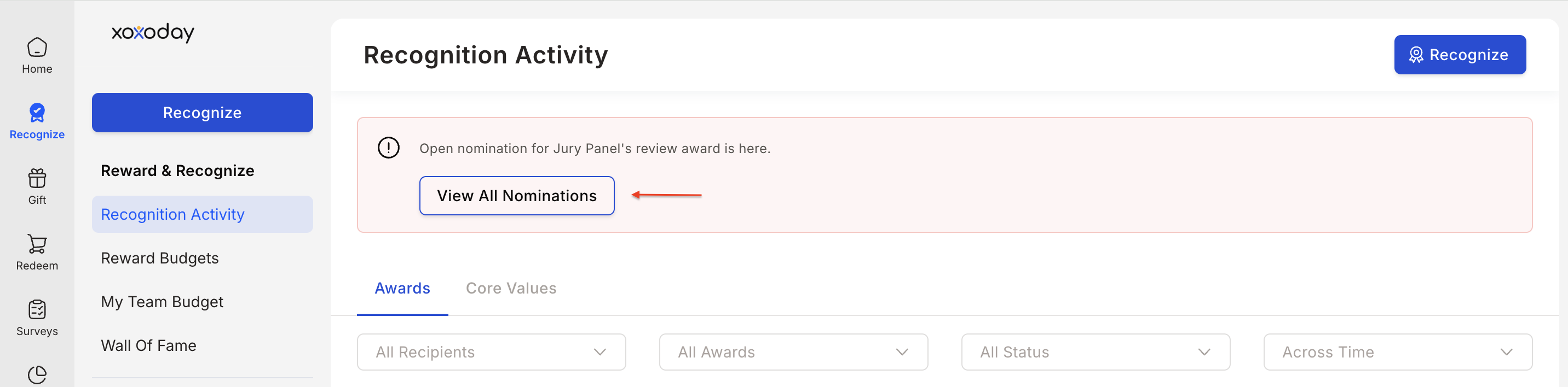 Recognition Approvals list showing nominations awaiting moderator review
