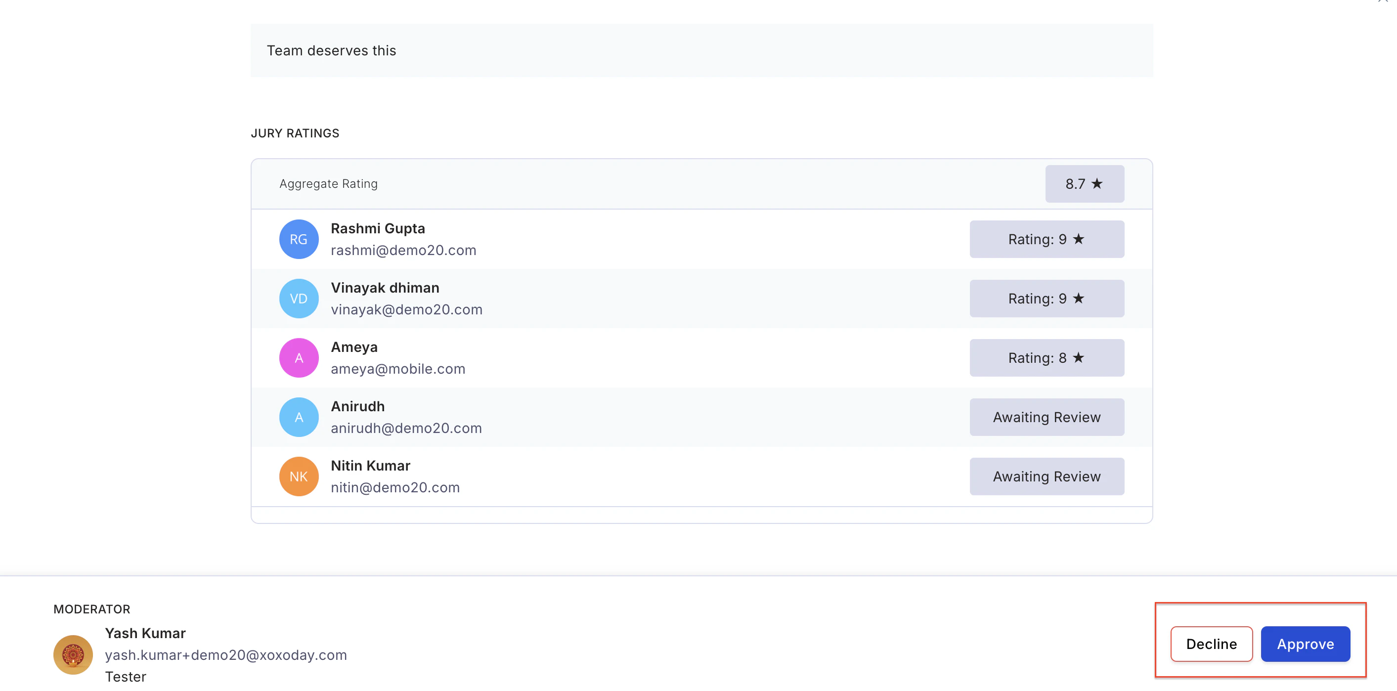 Nomination detail screen with Approve and Decline action buttons for the moderator