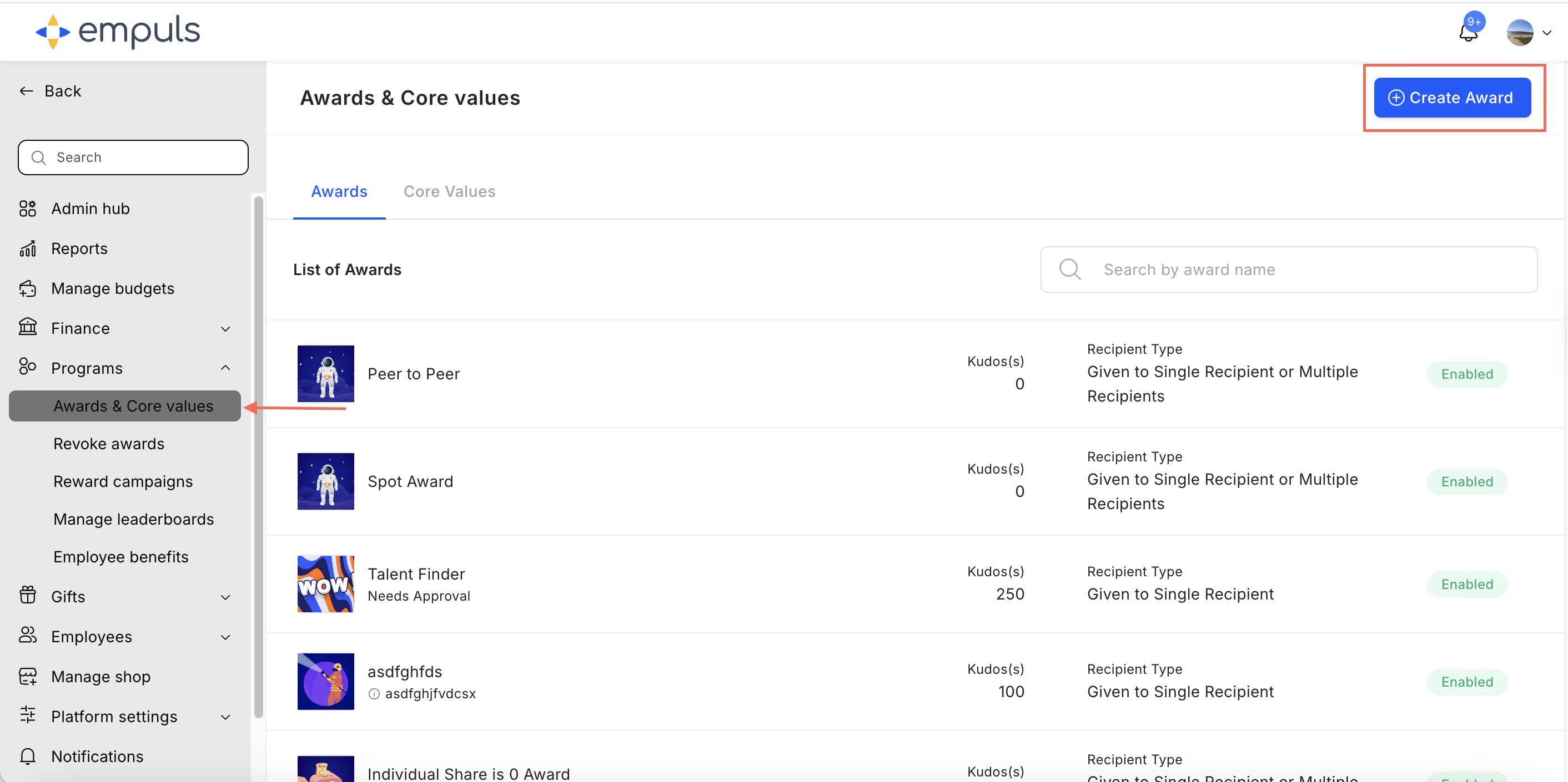 Programs > Awards & Core Values > Create Award navigation in the Admin Dashboard