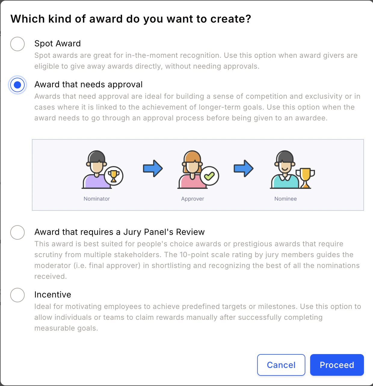 Award type selection screen with "Award that needs approval" option highlighted