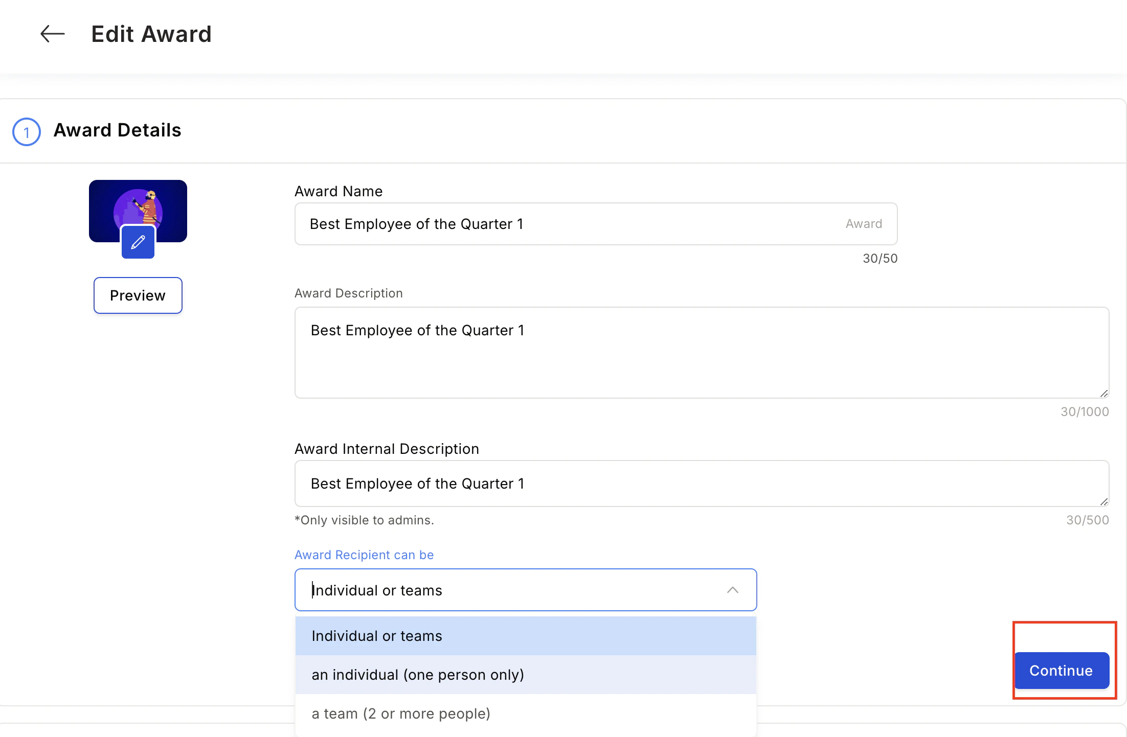 Award details form with fields for name, description, image, and recipient type