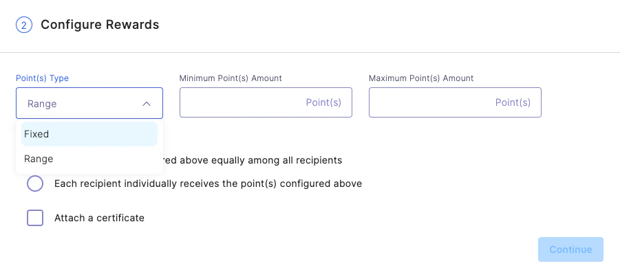 Reward configuration showing Fixed and Range point options