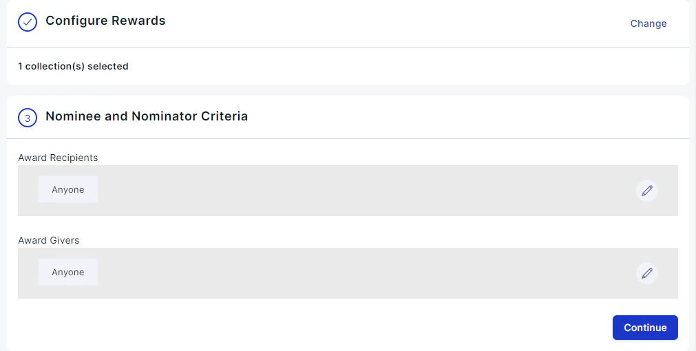 Nominee, nominator, and approver eligibility configuration panel