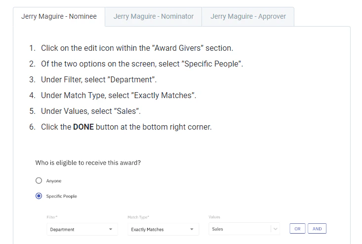 Jerry Maguire award eligibility configuration example with Sales department filters