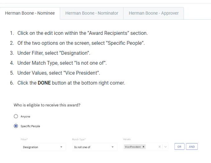 Herman Boone award eligibility configuration example with VP exclusion and CEO/COO approvers