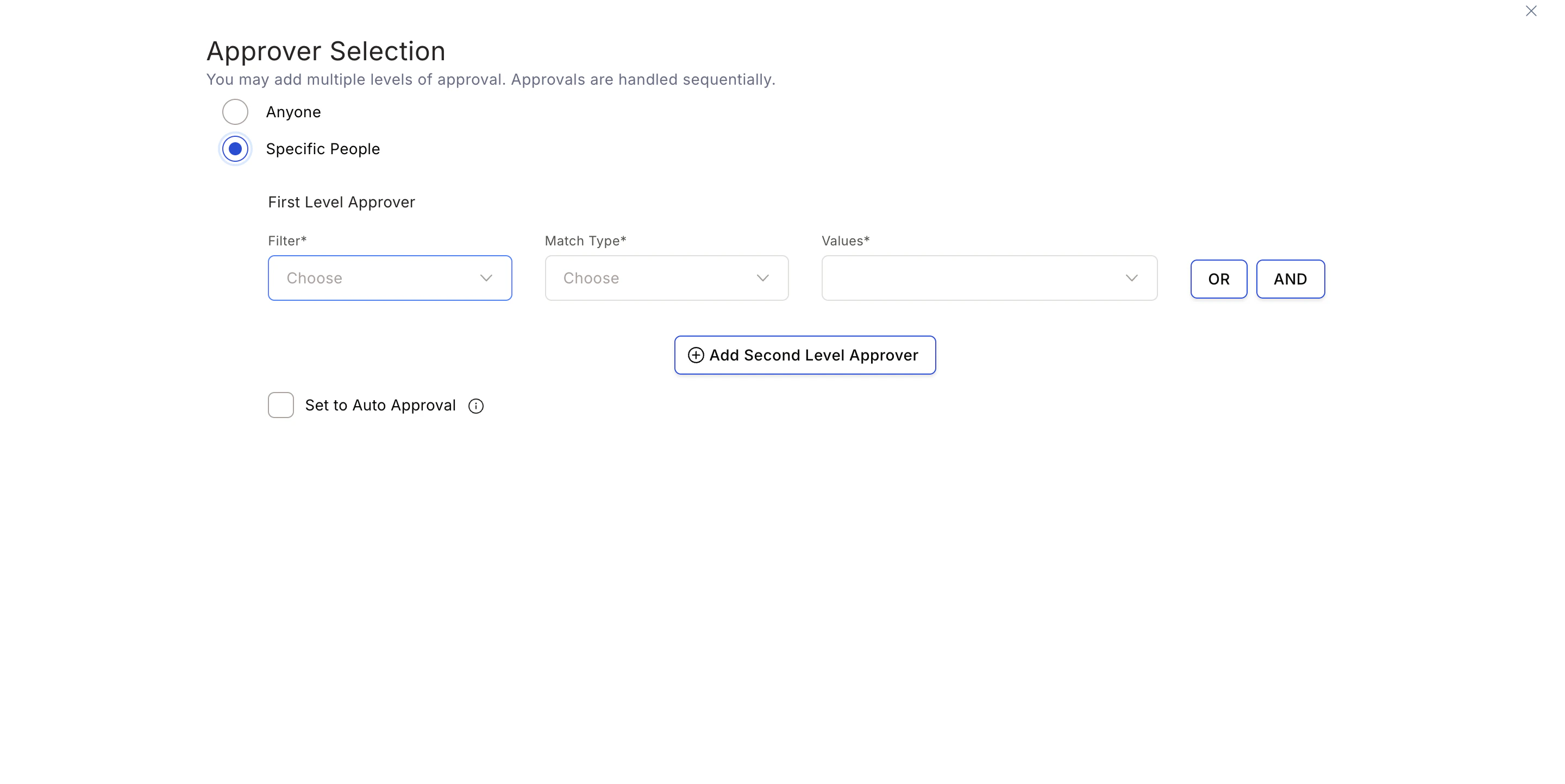 Approver Selection screen with Specific User option and approver type filters