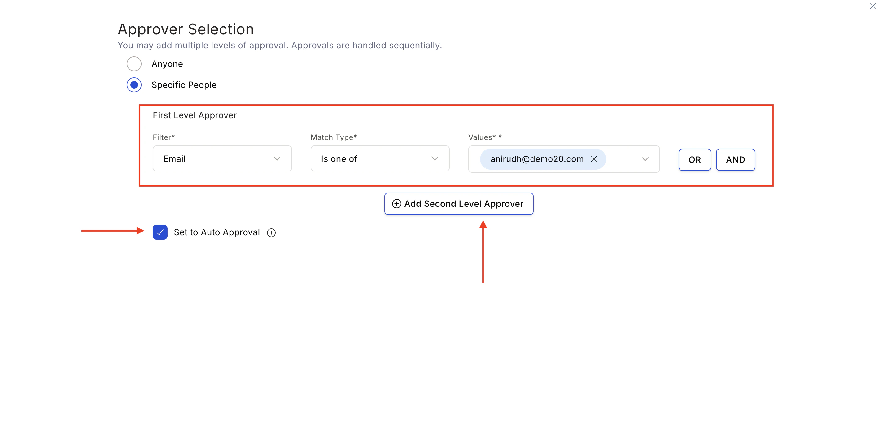 Add Second Level Approver button and multi-level approver configuration