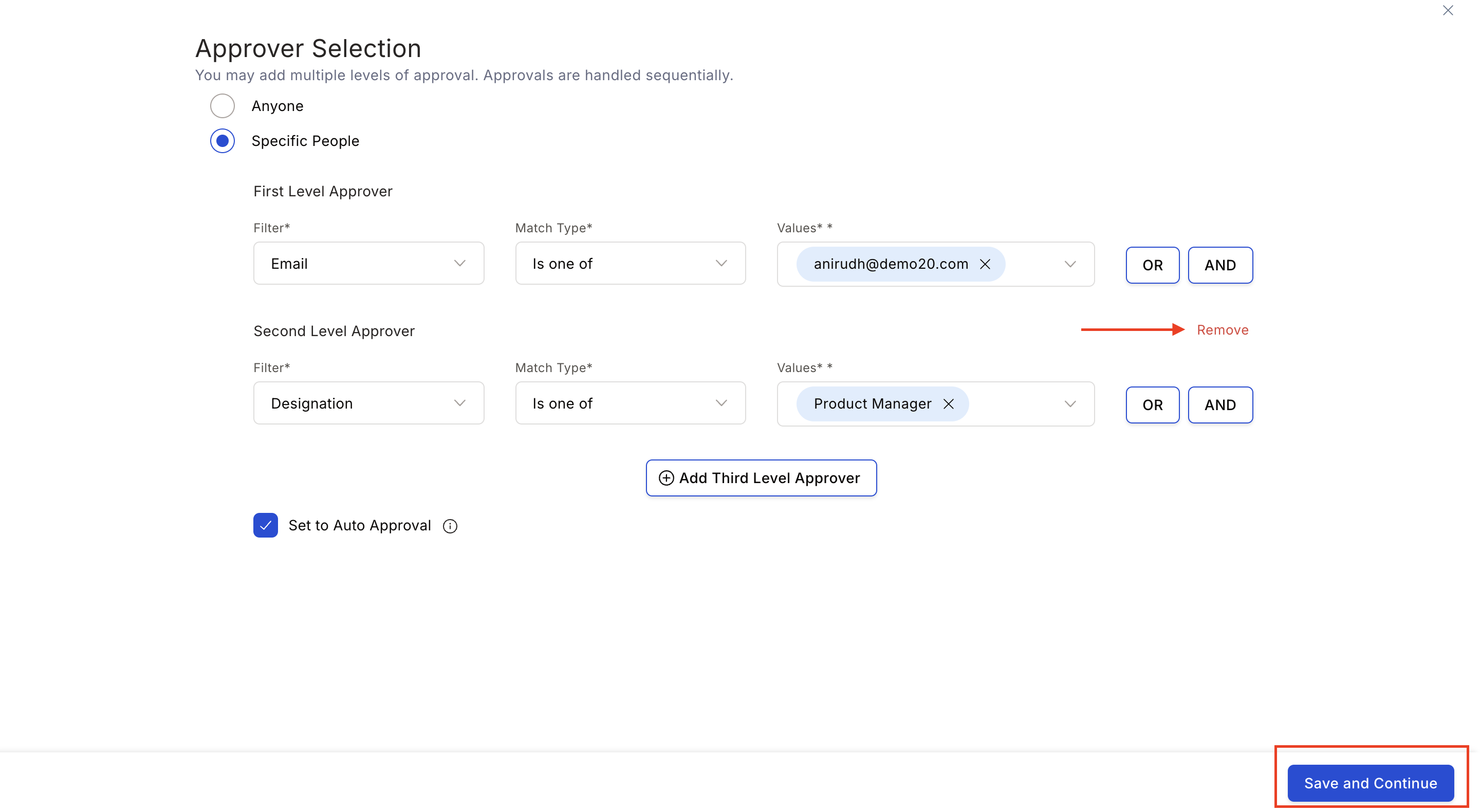 Remove approver button in red and Save and Continue action