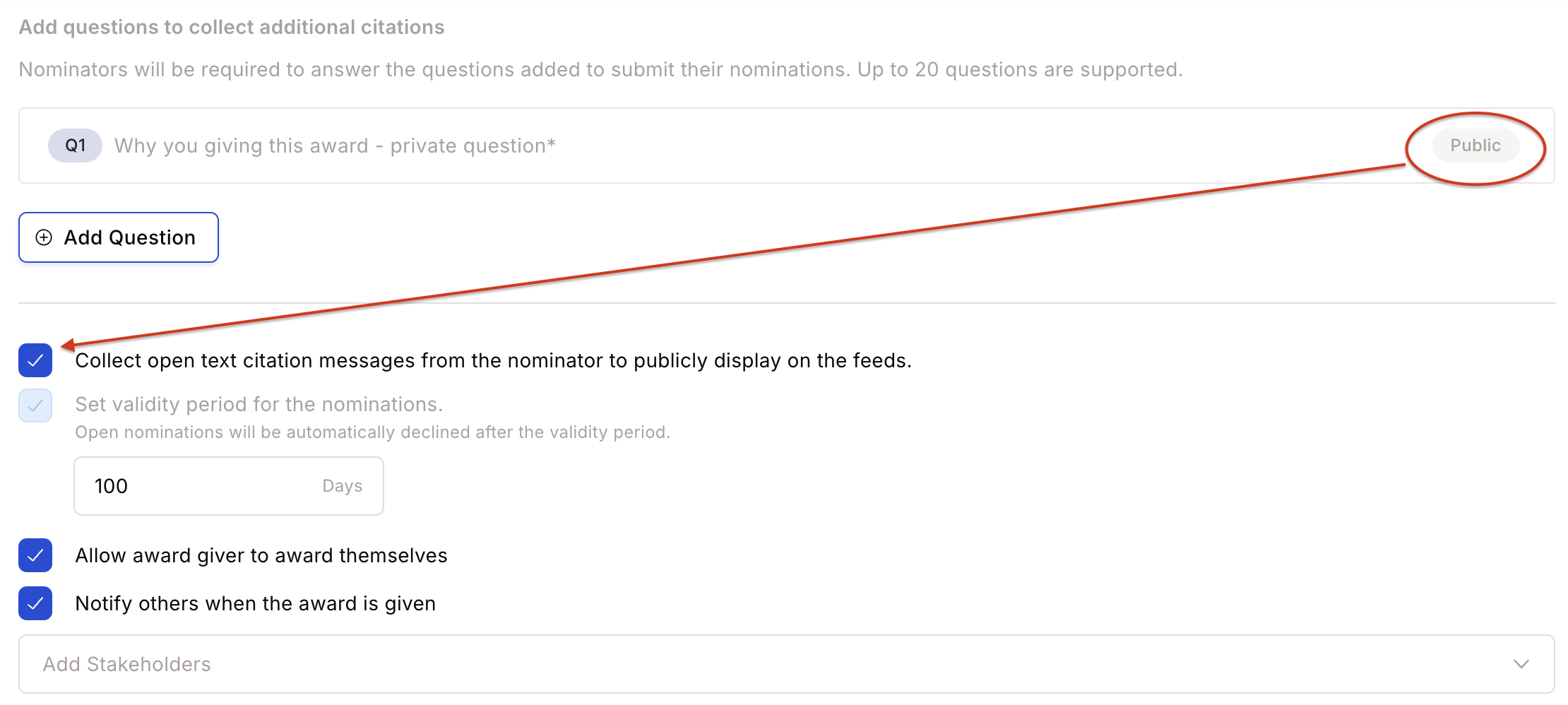 Citation Input setting showing the option to skip citation when a mandatory public question is present