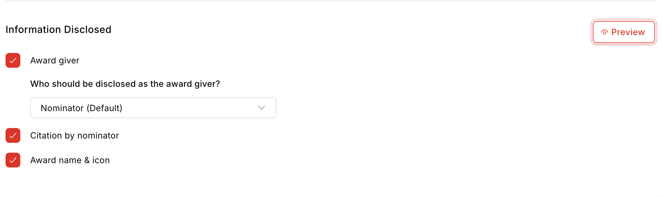 Information Disclosed checkboxes for Award Giver, Citation, and Award Name and Icon