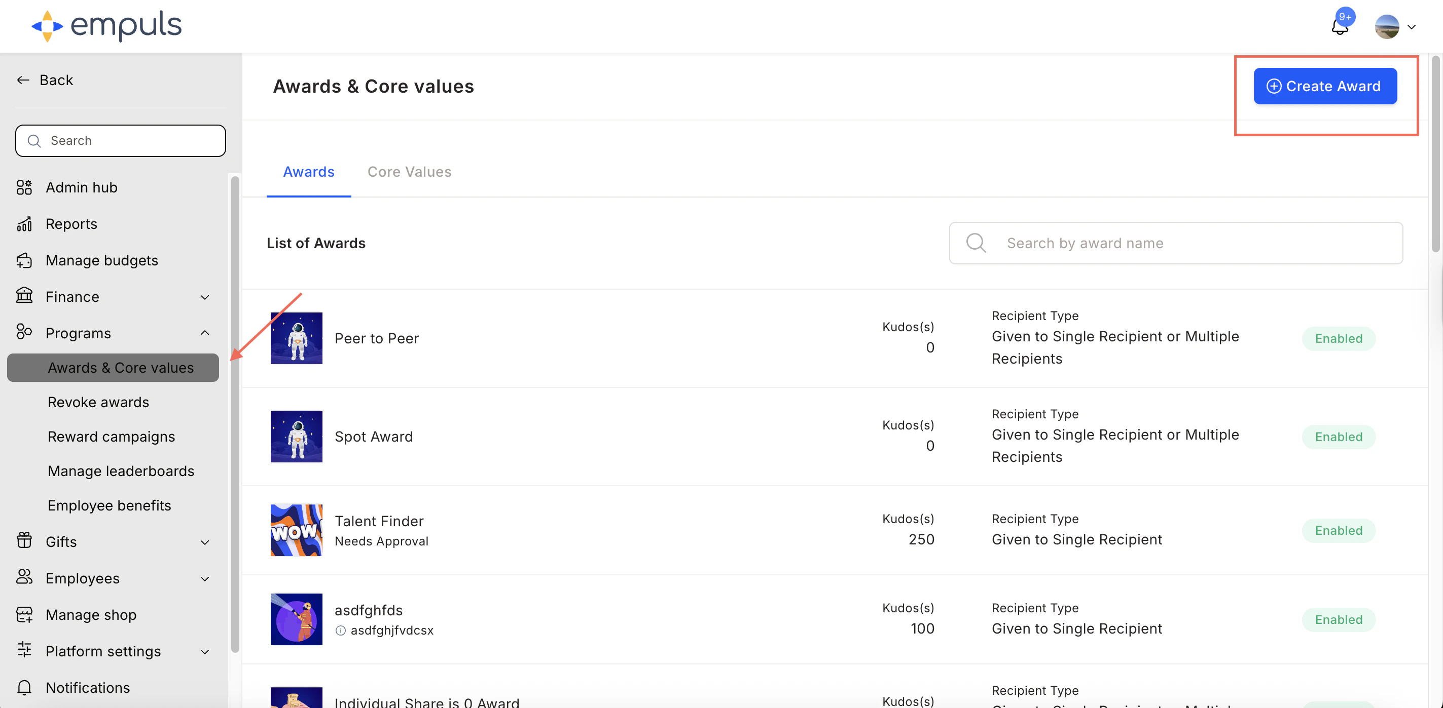 Programs > Awards & Core Values > Create Award navigation in the Admin Dashboard