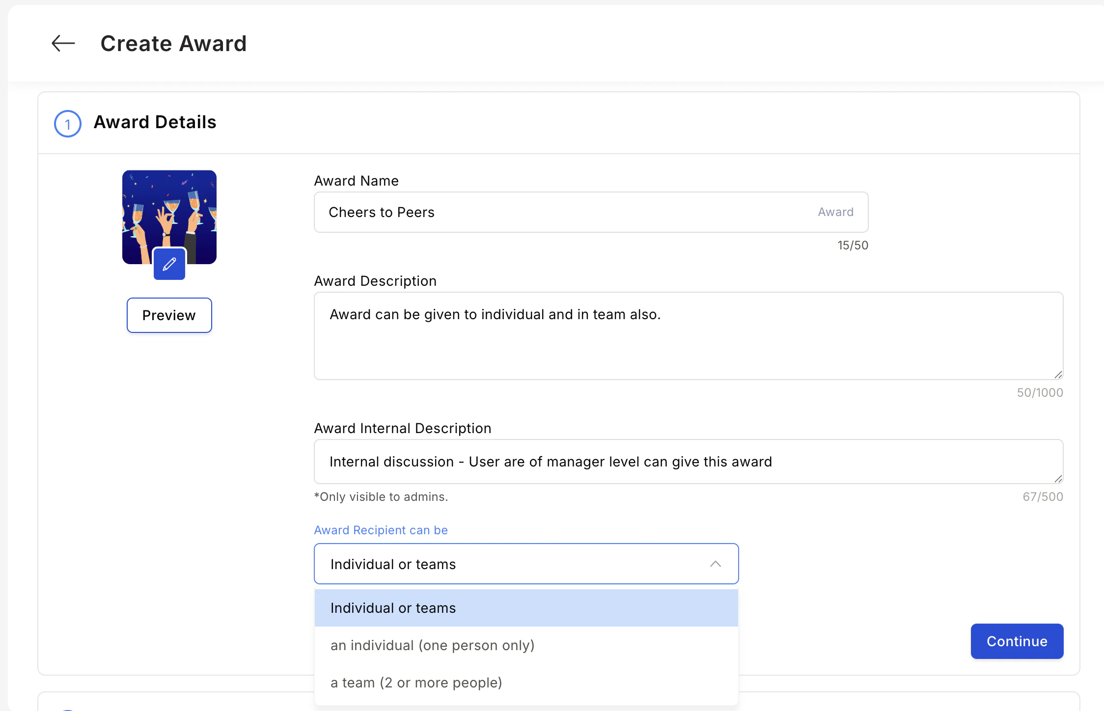 Award details form with fields for name, description, image, and recipient type