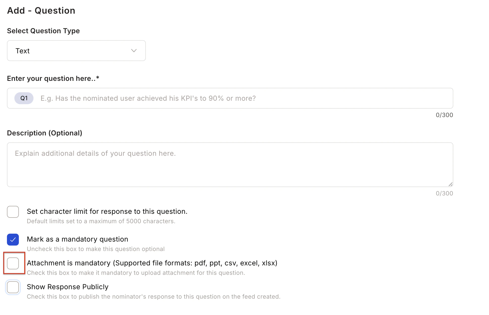 Set Questions for Nominator configuration with multiple-choice and short text options