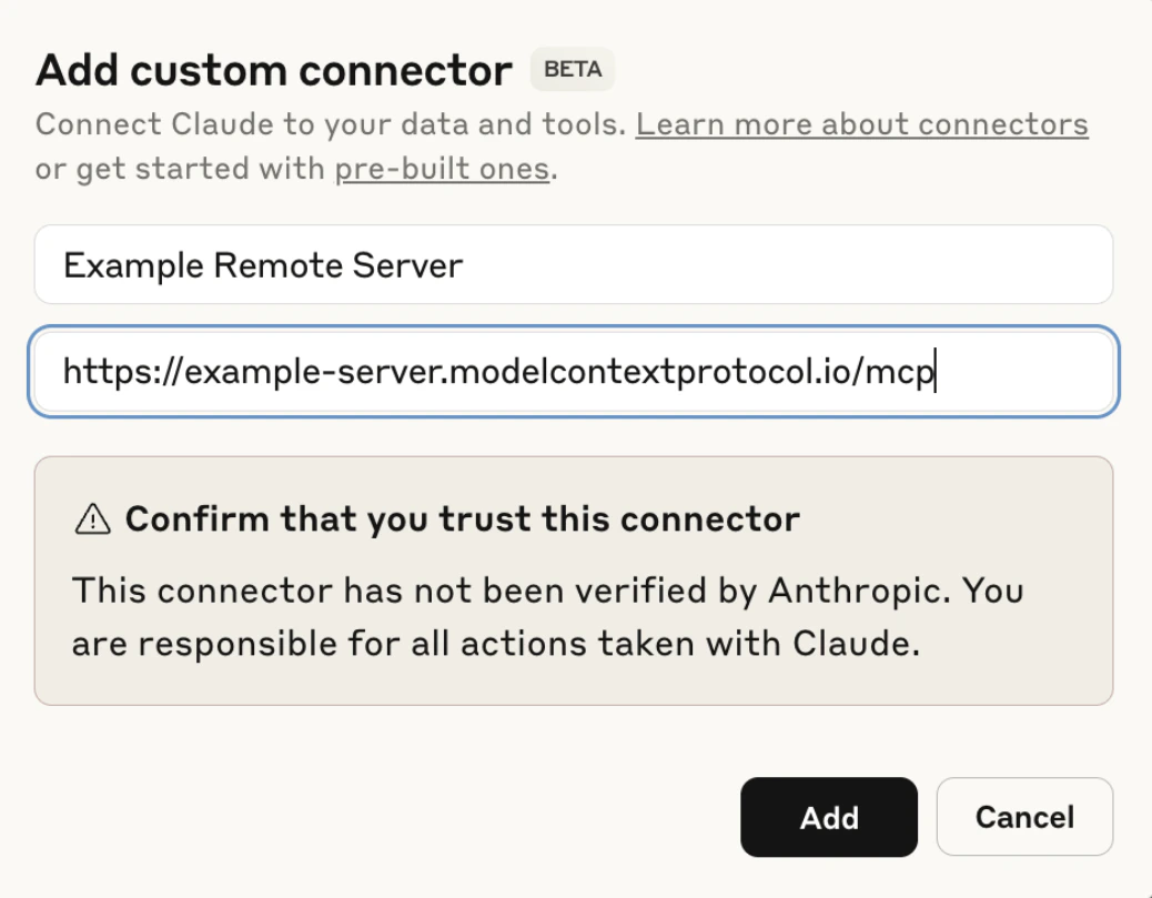 Add custom connector button in Claude settings