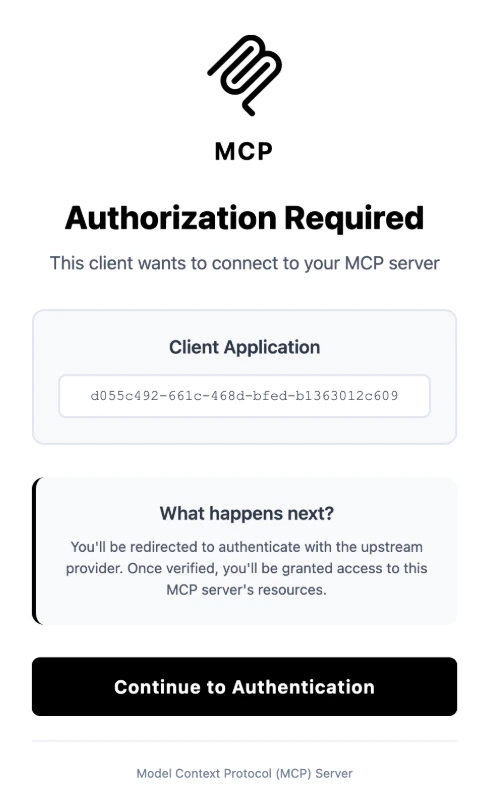 Authentication screen for remote MCP server
