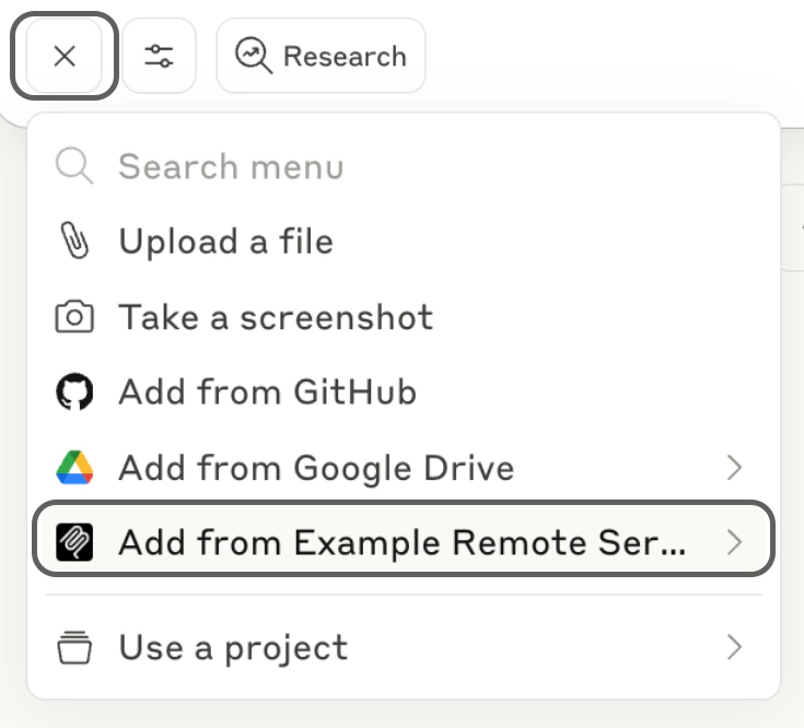 Attachment menu showing available resources