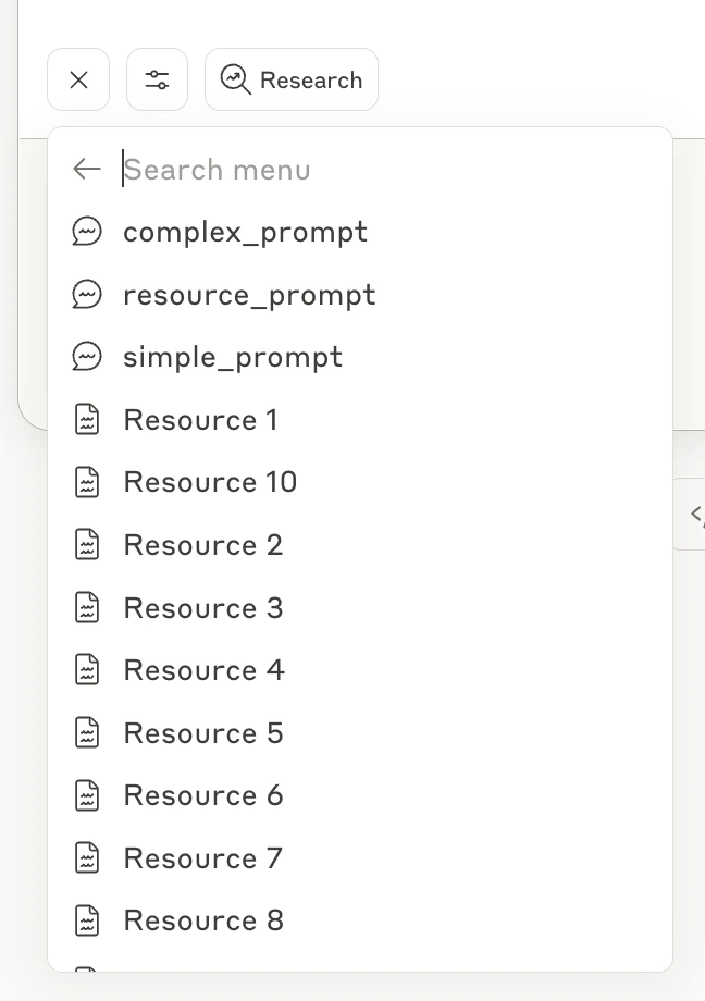 Selecting specific resources and prompts from the menu