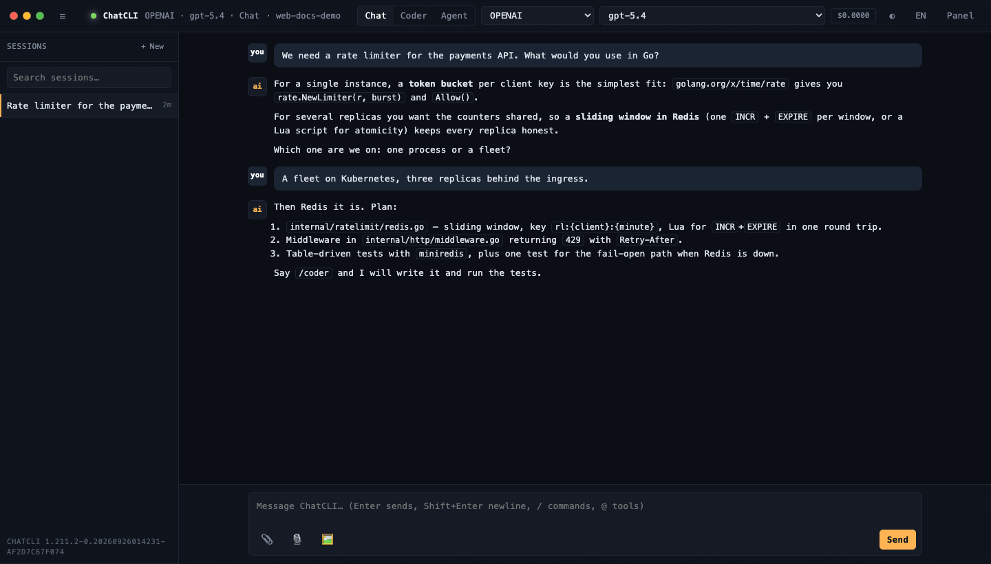 Passeio animado pela web UI do ChatCLI: abrindo o painel, filtrando tools, navegando skills e comandos, as paletas de barra e arroba no compositor, trocando modo e tema