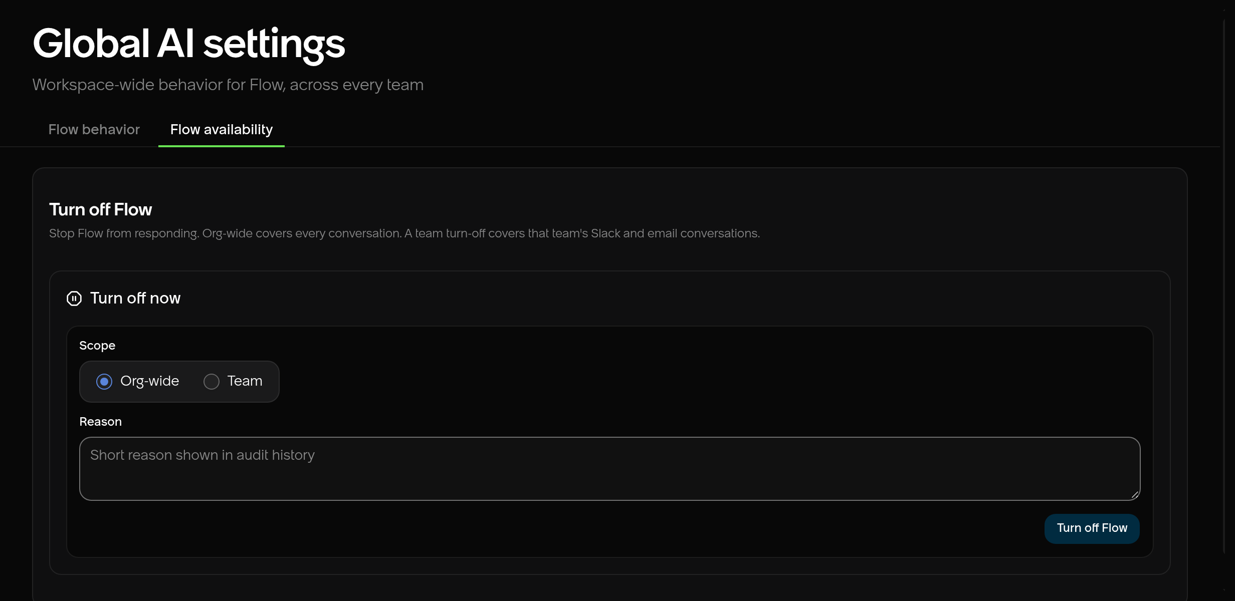 Flow availability in Global AI settings, with Turn off Flow controls.