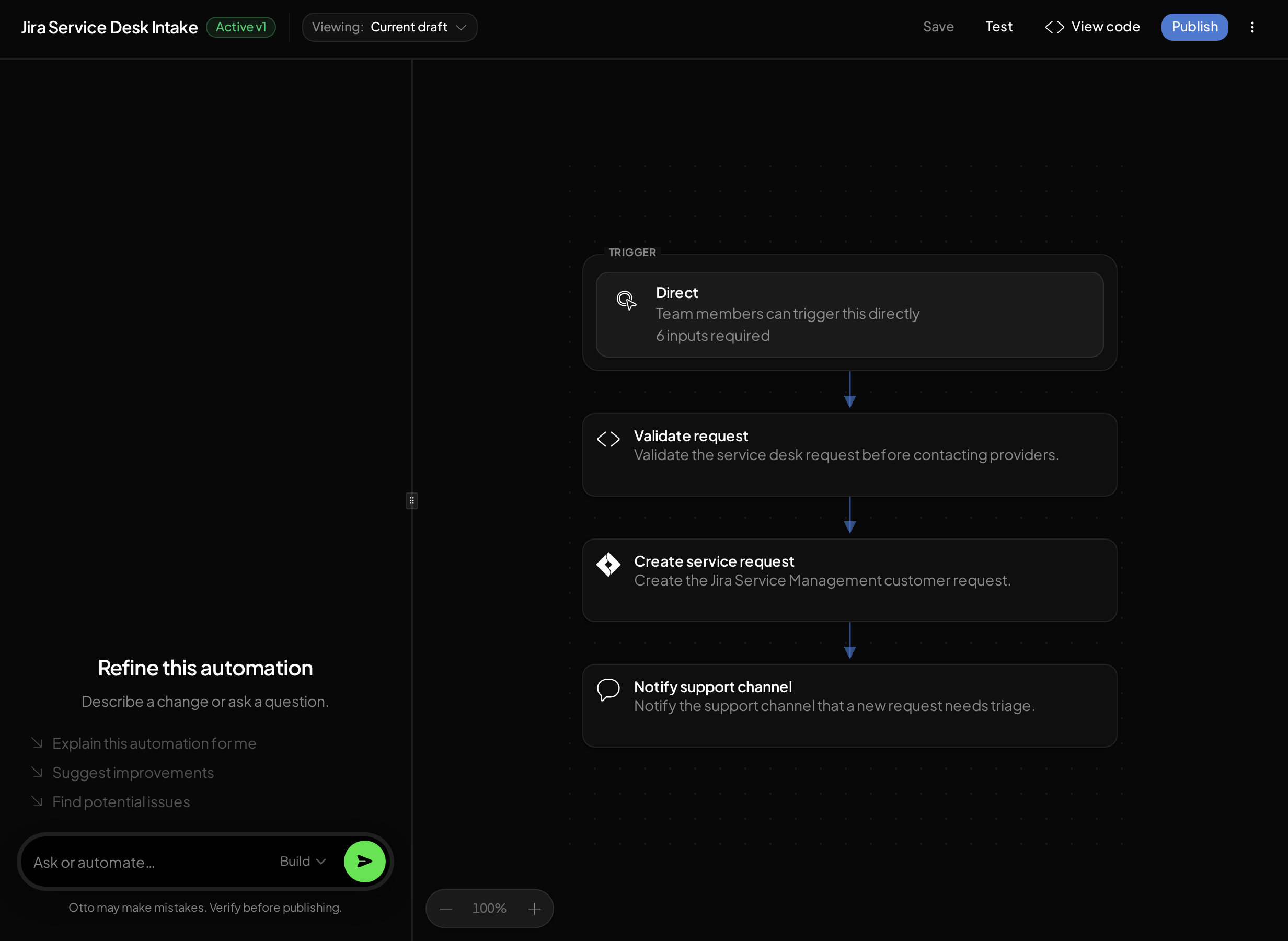 Flow workspace showing the automation chat beside the draft.