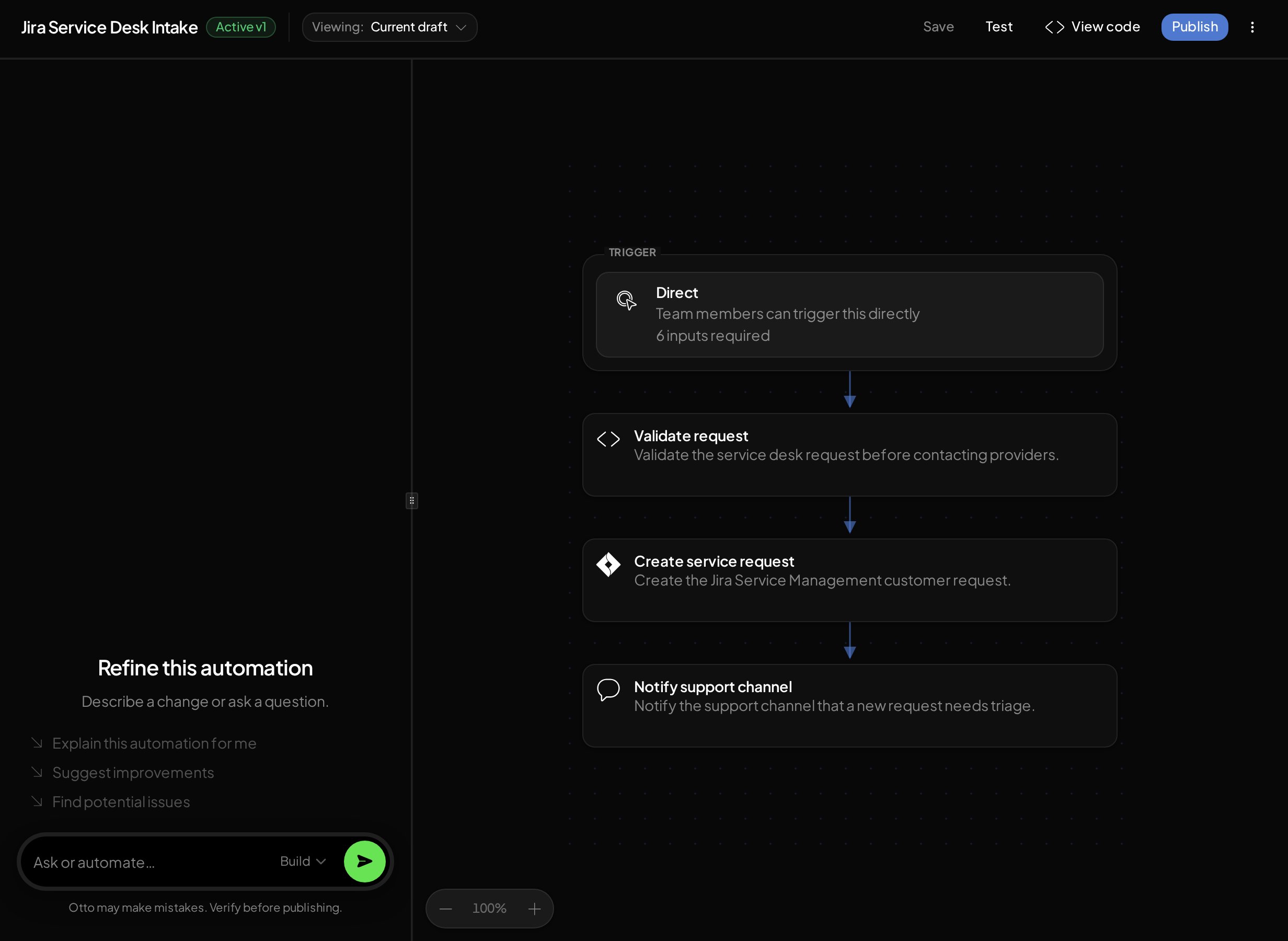 Flow workspace showing the automation chat beside the draft.