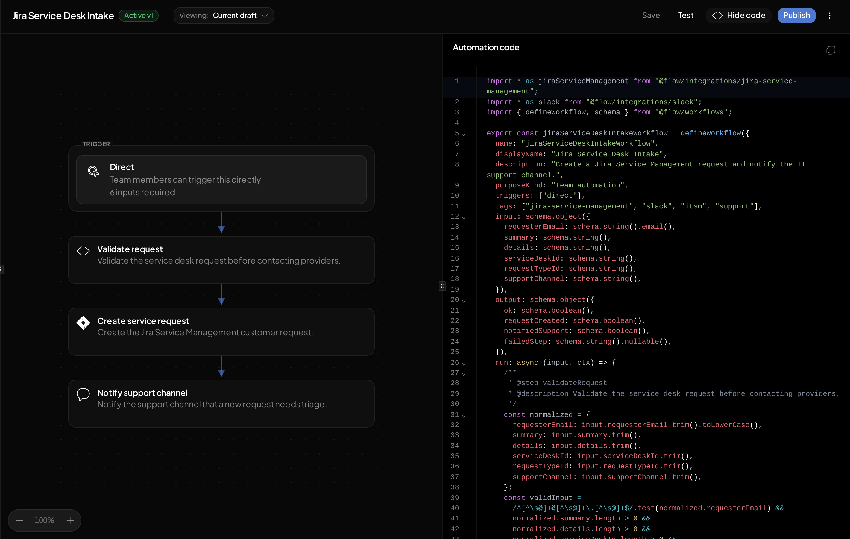 Automation authoring surface showing the visual automation and generated code side by side.