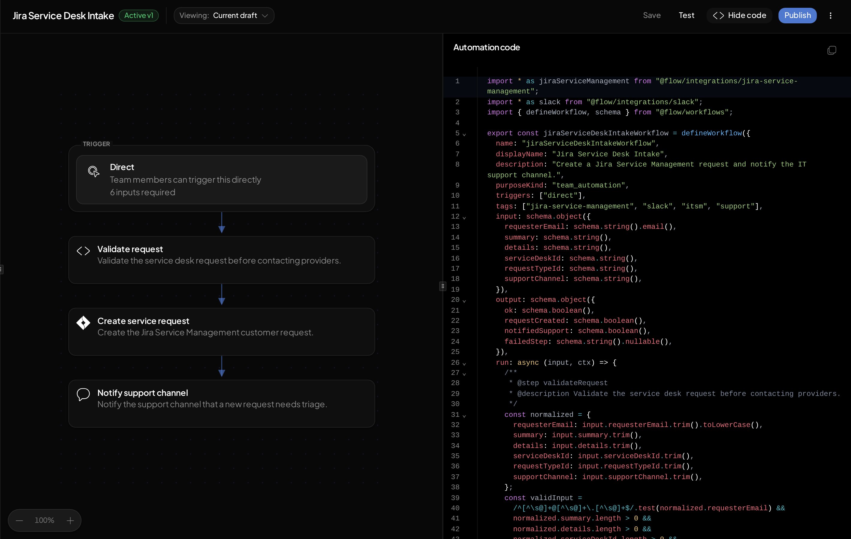 Automation authoring surface showing the visual automation and generated code side by side.