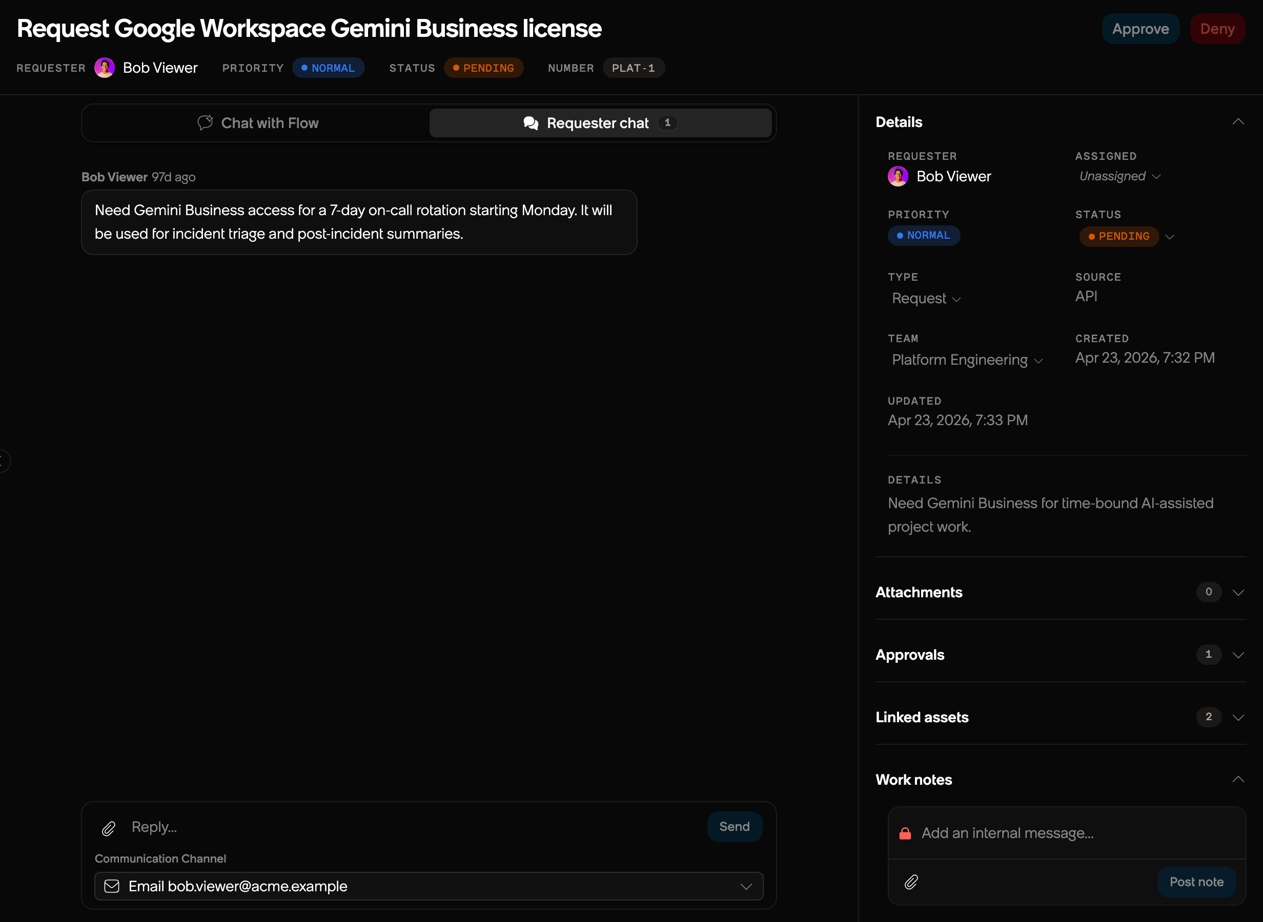 A Flow conversation showing Requester chat and the Communication Channel
selector.