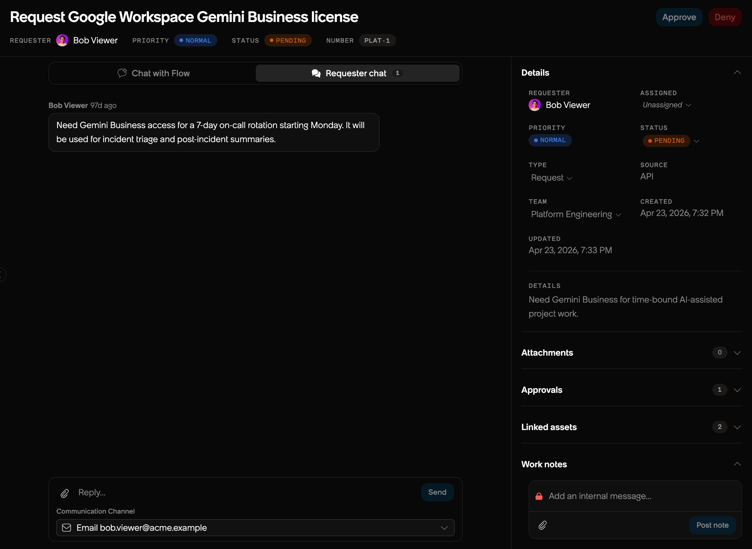 A Flow conversation showing Requester chat and the Communication Channel
selector.