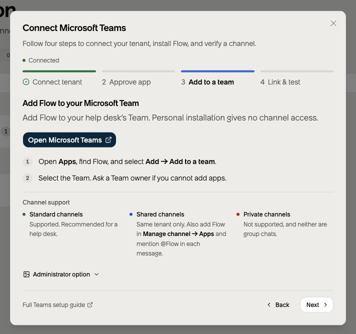 Flow Teams setup guide at Add to a team with installation instructions and a Microsoft Teams link.