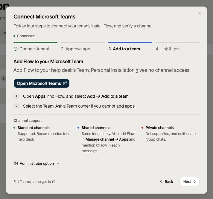 Flow Teams setup guide at Add to a team with installation instructions and a Microsoft Teams link.