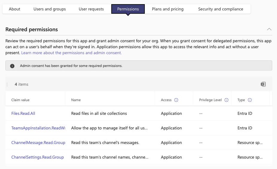 Flow Permissions tab in Teams admin center, including Files.Read.All and Team permissions.