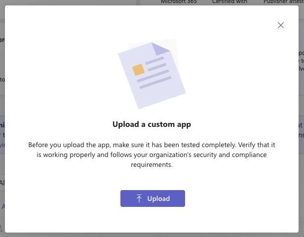 Teams admin center Upload a custom app dialog with the Upload button.