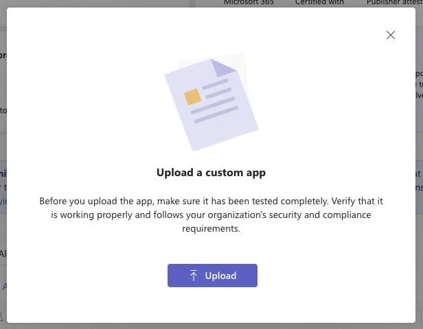 Teams admin center Upload a custom app dialog with the Upload button.