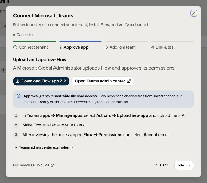 Flow Teams setup guide at Approve app with the ZIP download, admin center link, and permission explanation.