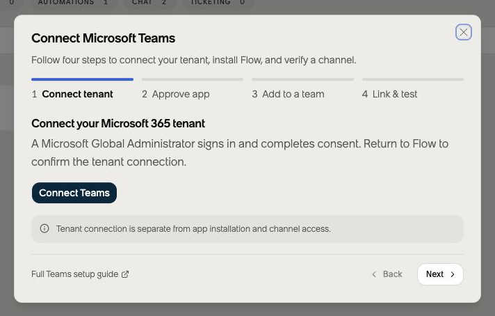 Flow Teams setup guide at Connect tenant with the Connect Teams button.