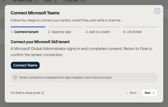 Flow Teams setup guide at Connect tenant with the Connect Teams button.