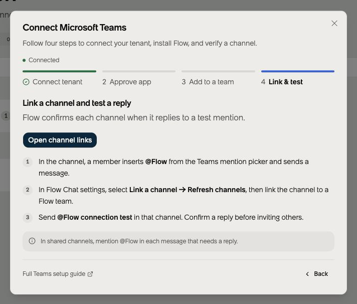 Flow Teams setup guide at Link and test with channel discovery, linking, and connection test instructions.