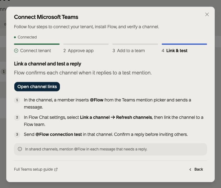 Flow Teams setup guide at Link and test with channel discovery, linking, and connection test instructions.