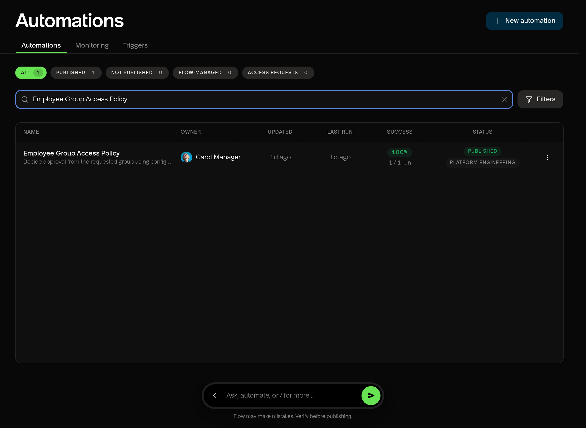 The Flow automation list filtered to one automation.