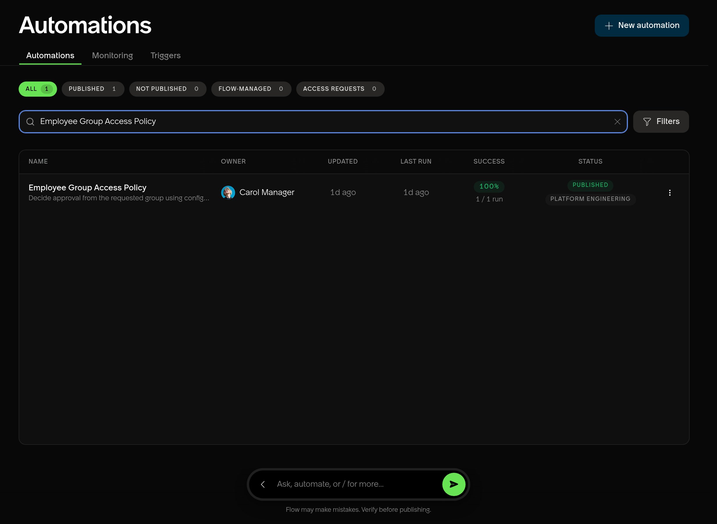 The Flow automation list filtered to one automation.